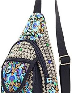SILKAREA Embroidered Boho Small Sling Bag for Women Travel (Blue) SILKAREA Embroidered Boho Small Sling Bag for Women Ch