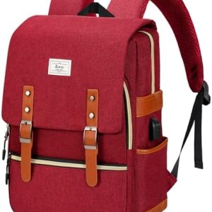 Ronyes Vintage Laptop Backpack for Women and Men, 15.6 inch Red Backpack with USB Charging Port for College and Work
